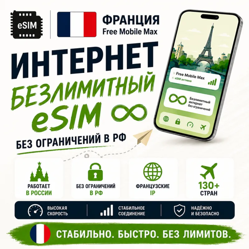 eSIM Франция Free Mobile Max • Безлимитный интернет Работает в РФ и 130+ странах