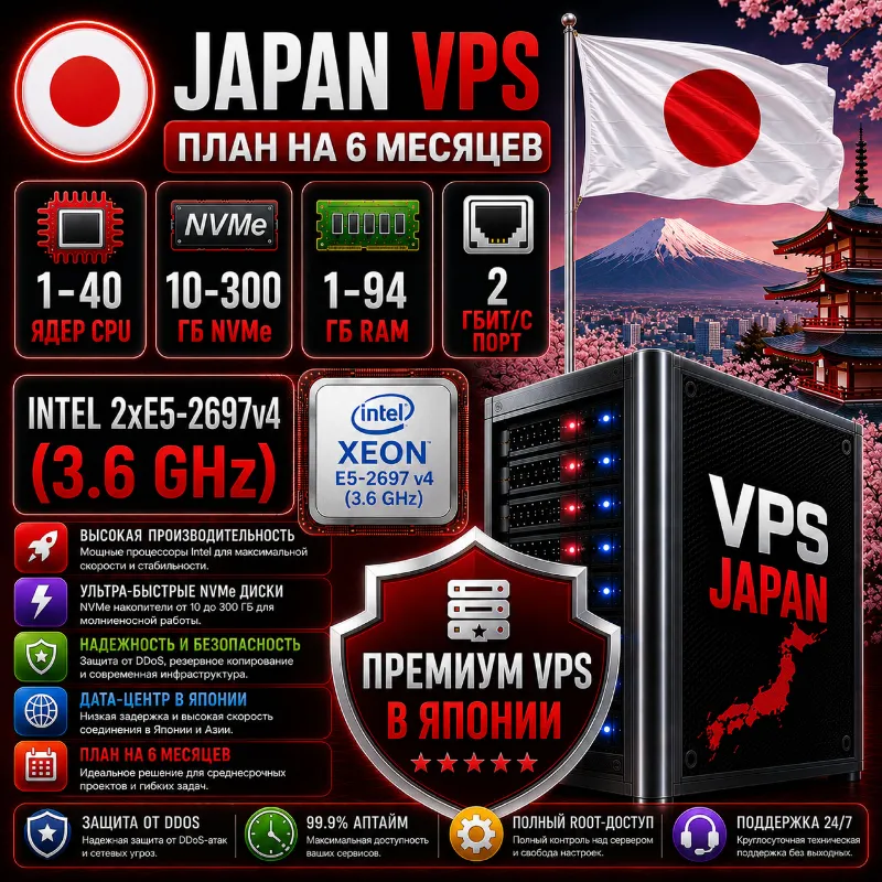 Япония VPS - 6 Месяцев | Intel 2xE5-2697Av4 | Быстрый NVMe | Порт 2 Гбит/с