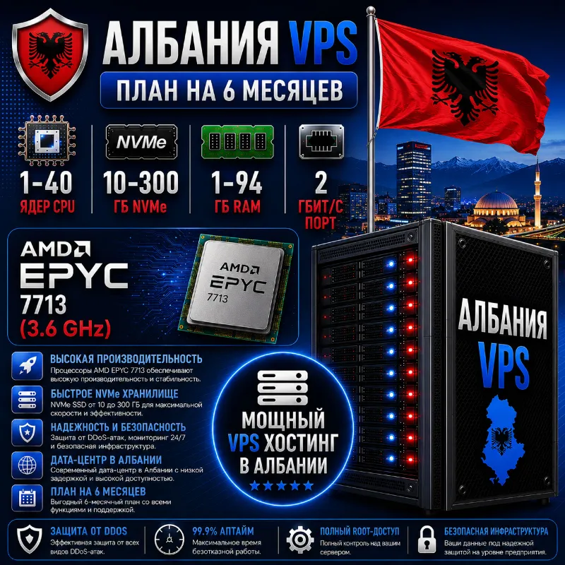 Албания VPS - 6 Месяцев | AMD EPYC 7713 | Быстрый NVMe | Порт 2 Гбит/с