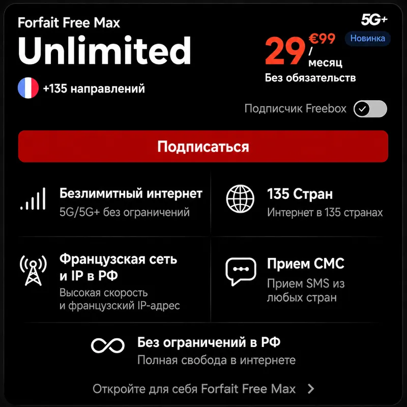 Esim Франция Forfait Free Max Безлимит/35 ГБ/Помощь с оформлением