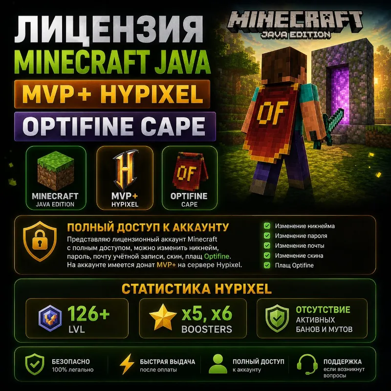 Лицензия Minercaft Java, MVP+ Hypixel, OptiFine Cape