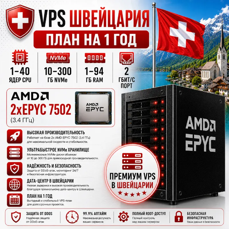 Швейцария VPS - 1 Год | AMD 2xEPYC 7502 | Быстрый NVMe | Порт 2 Гбит/с