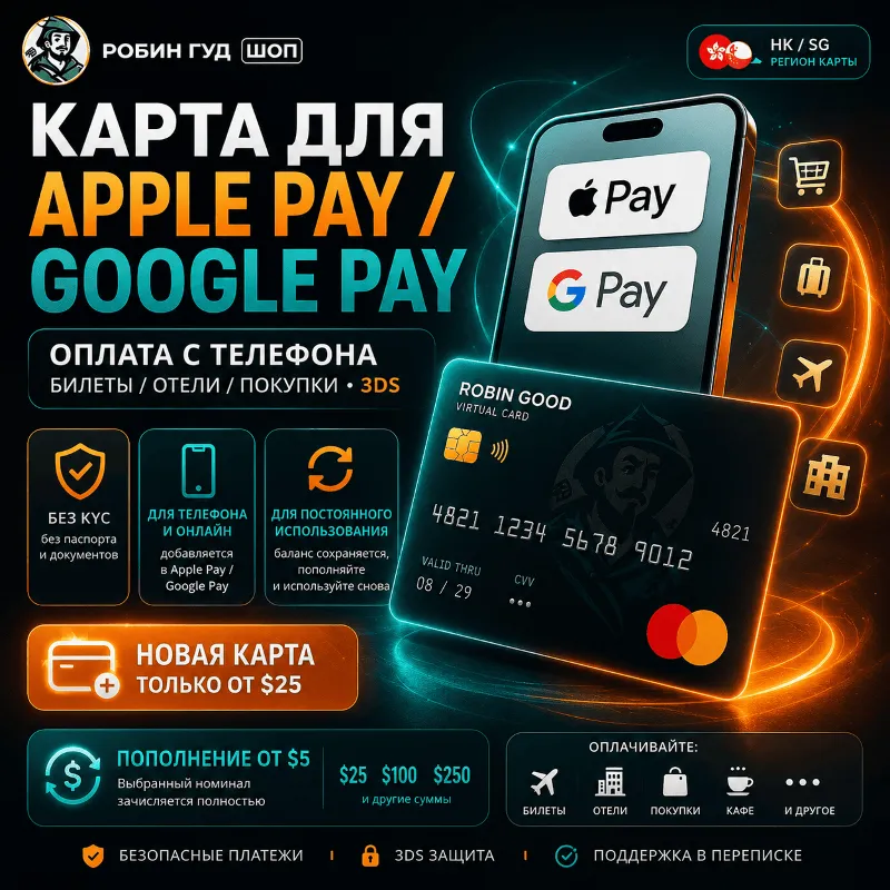 КАРТА ДЛЯ APPLE PAY / GOOGLE PAY · ОПЛАТА С ТЕЛЕФОНА · БИЛЕТЫ / ОТЕЛИ / ПОКУПКИ · 3DS
