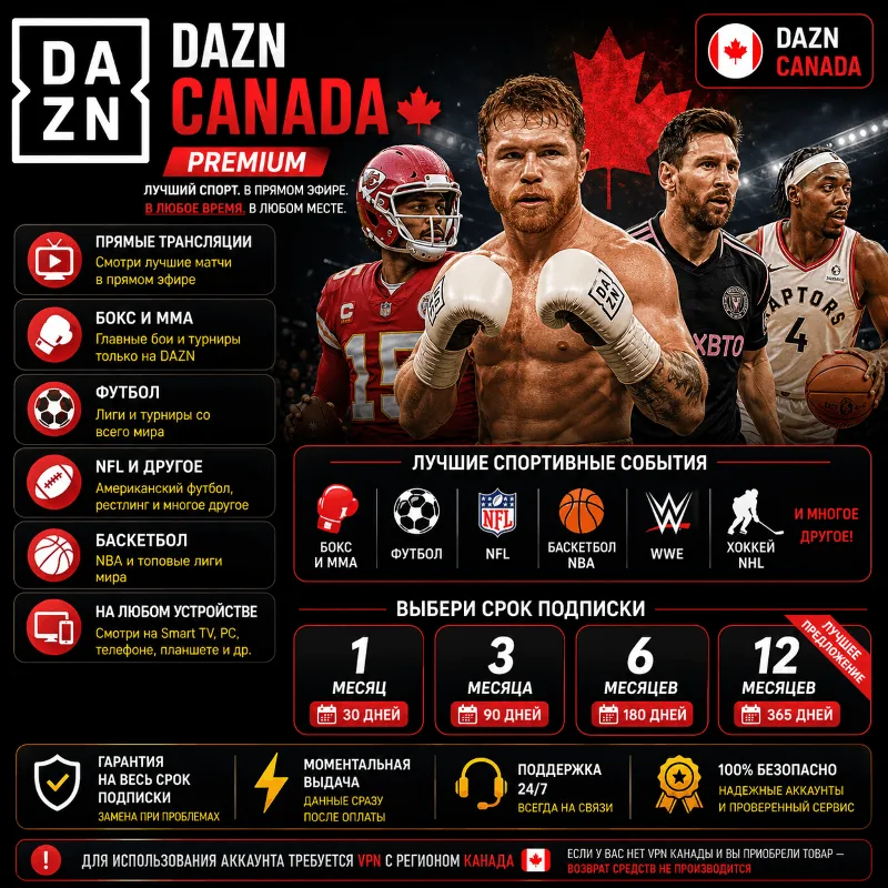 DAZN Канада Подписка 1/3/6/12 месяца | Спорт | Гарантия