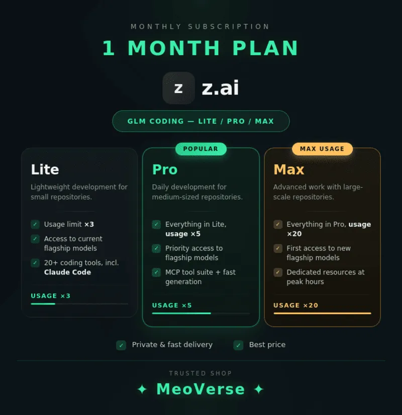 Z AI | GLM Coding Lite/Pro/Max Plan1 Month Full Warranty Private account