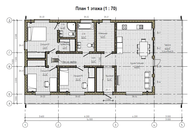 FH‑12: проект дома 157 м² (каркас + сваи + терраса)