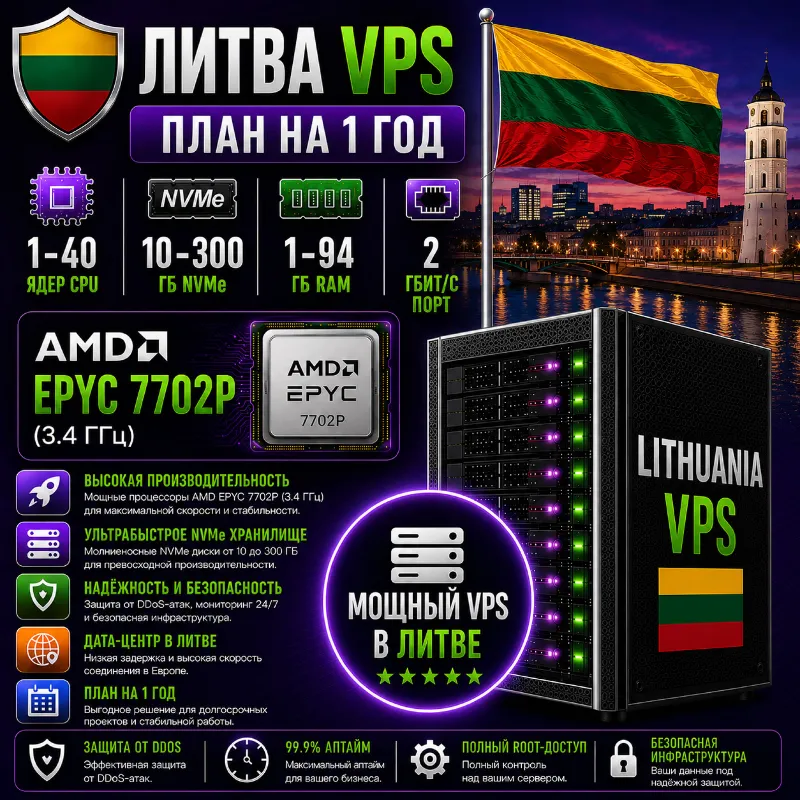 Литва VPS - 1 Год | AMD EPYC 7702P | Быстрый NVMe | Порт 2 Гбит/с