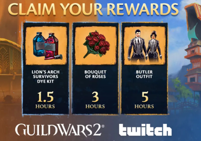 Guild Wars 2 ИЮЛЬ 2026 скин Butler Outfit, Bouquet of Roses, Lion’s Arch Survivors D