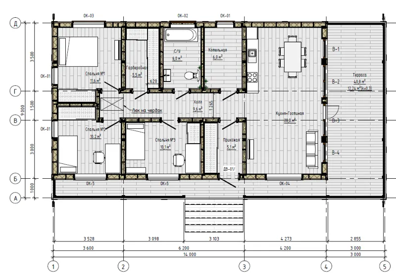 FH‑7: проект дома 157 м² (каркас + сваи + терраса)