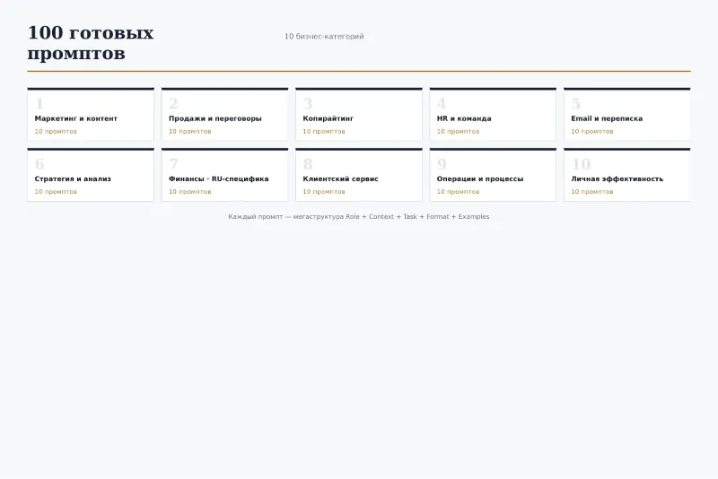 Промпты для бизнеса 2026 · 100 шаблонов под Claude и ChatGPT · с RU-реалиями