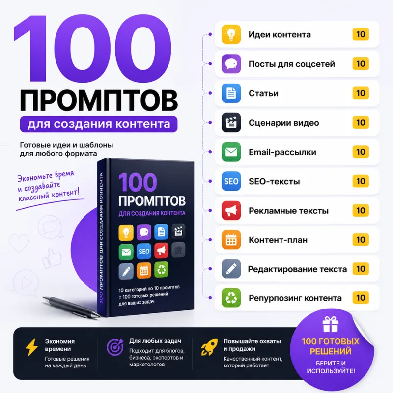 100 промптов ChatGPT для контента — AI Content Pro 2026: идеи, посты