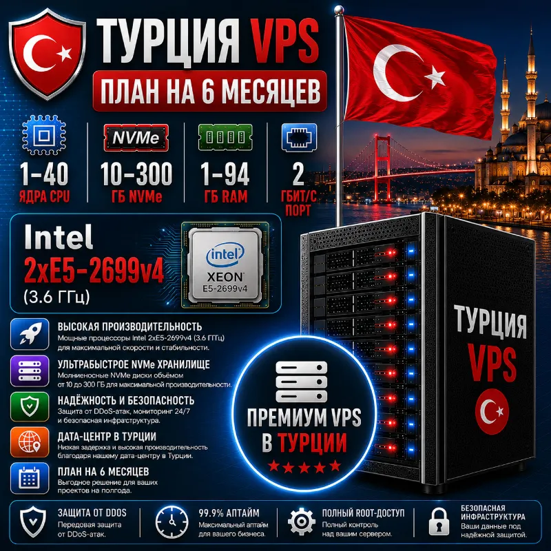 Турция VPS - 6 Месяцев | AMD EPYC 7713P | Быстрый NVMe | Порт 2 Гбит/с
