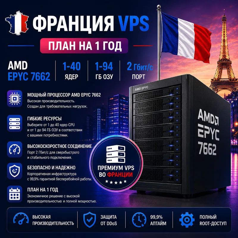 Франция VPS - 1 Год | AMD EPYC 7662 | Быстрый NVMe | Порт 2 Гбит/с