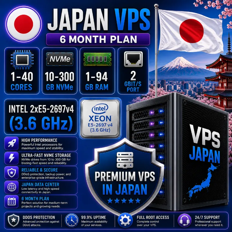 Япония VPS - 6 Месяцев | Intel 2xE5-2697Av4 | Быстрый NVMe | Порт 2 Гбит/с