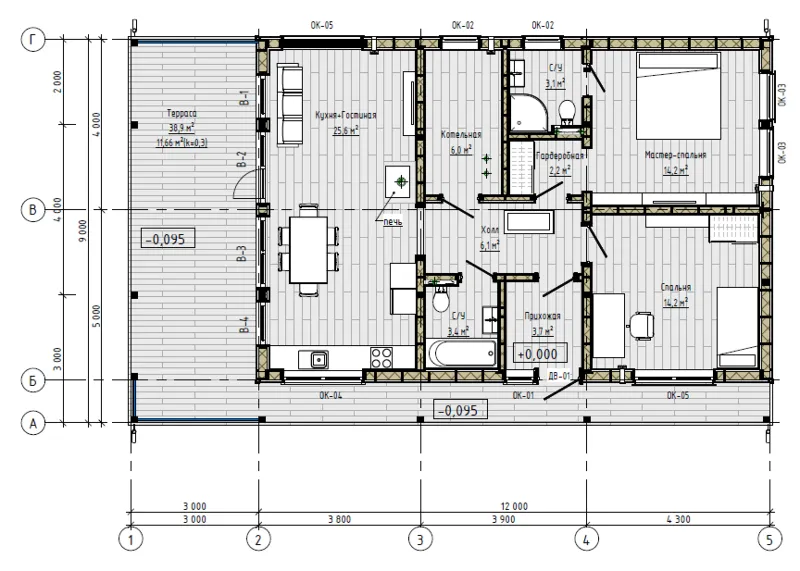 FH‑4: проект дома 138,6 м² (каркас + сваи + терраса)