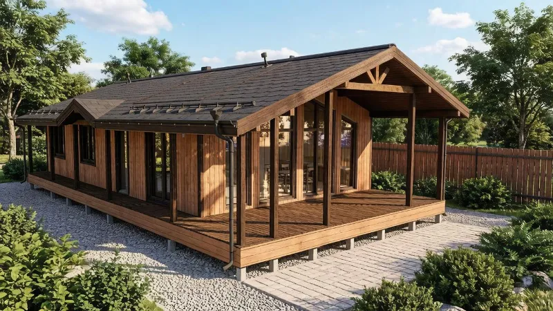 FH‑12: проект дома 157 м² (каркас + сваи + терраса)
