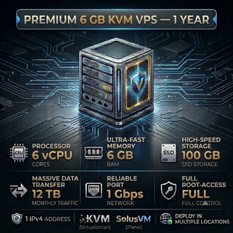 6 GB KVM VPS - 1 Год | 6 vCPU | 100 GB SSD | 6 GB RAM | 1Gbps