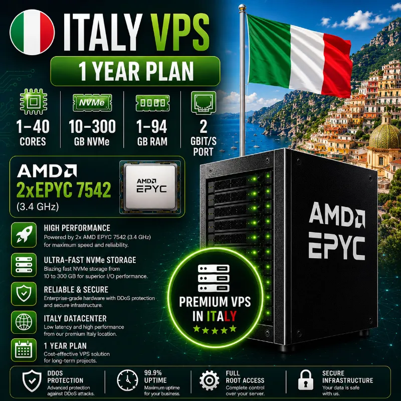 Италия VPS - 1 Год | AMD 2xEPYC 7542 | Быстрый NVMe | Порт 2 Гбит/с