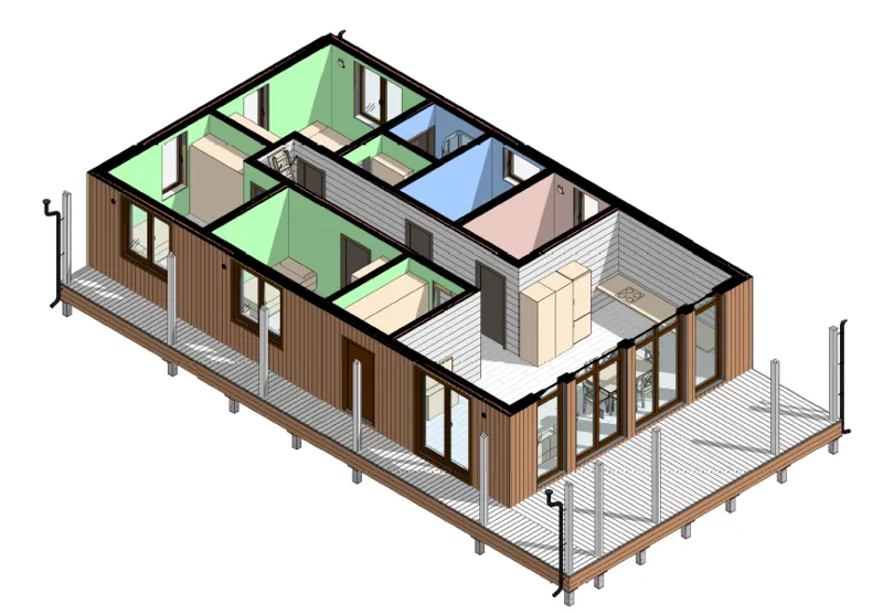 FH‑12: проект дома 157 м² (каркас + сваи + терраса)