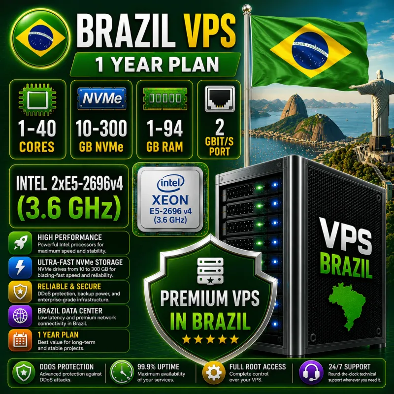 Бразилия VPS - 1 Год | Intel 2xE5-2696v4 | Быстрый NVMe | Порт 2 Гбит/с