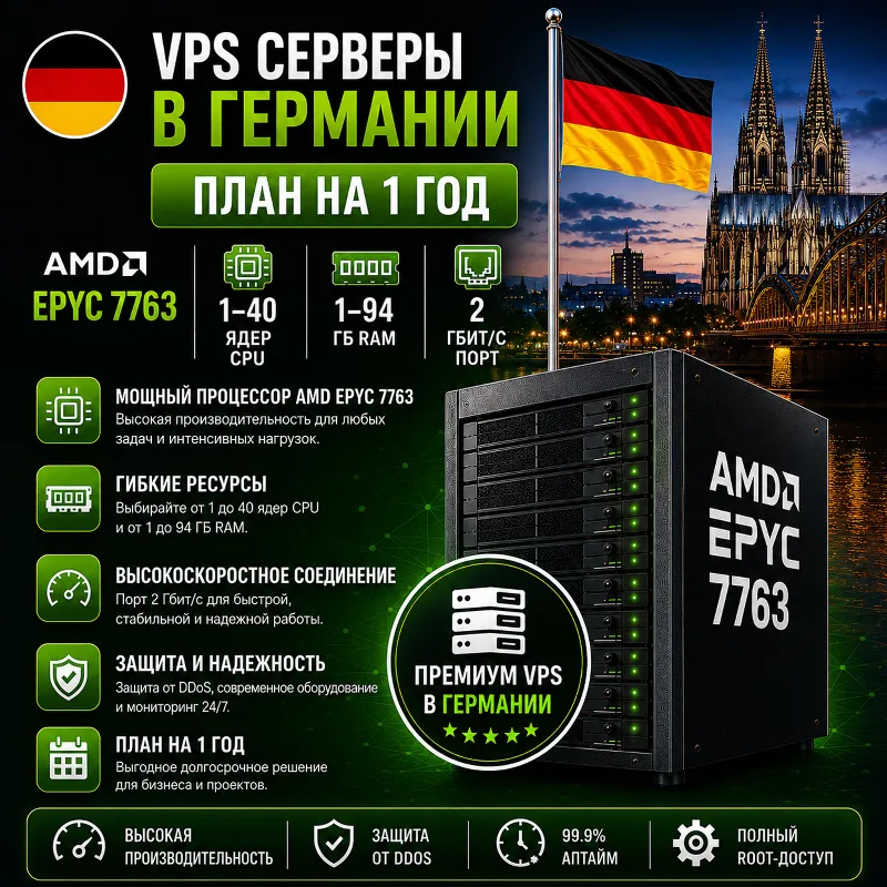 Германия VPS - 1 Год | AMD EPYC 7763 | Быстрый NVMe | Порт 2 Гбит/с