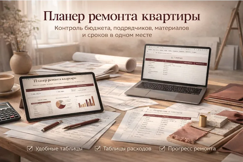 Планер ремонта квартиры в Google Sheets + Excel | Бюджет, расходы, контроль