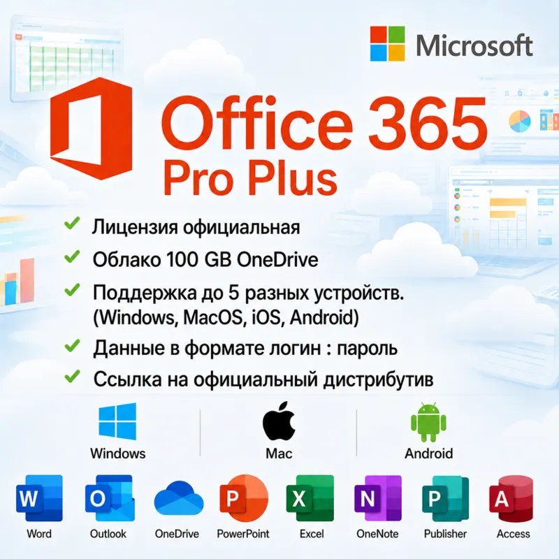 Microsoft Office 365 Pro Plus | Полный набор приложений – для 5 устройств
