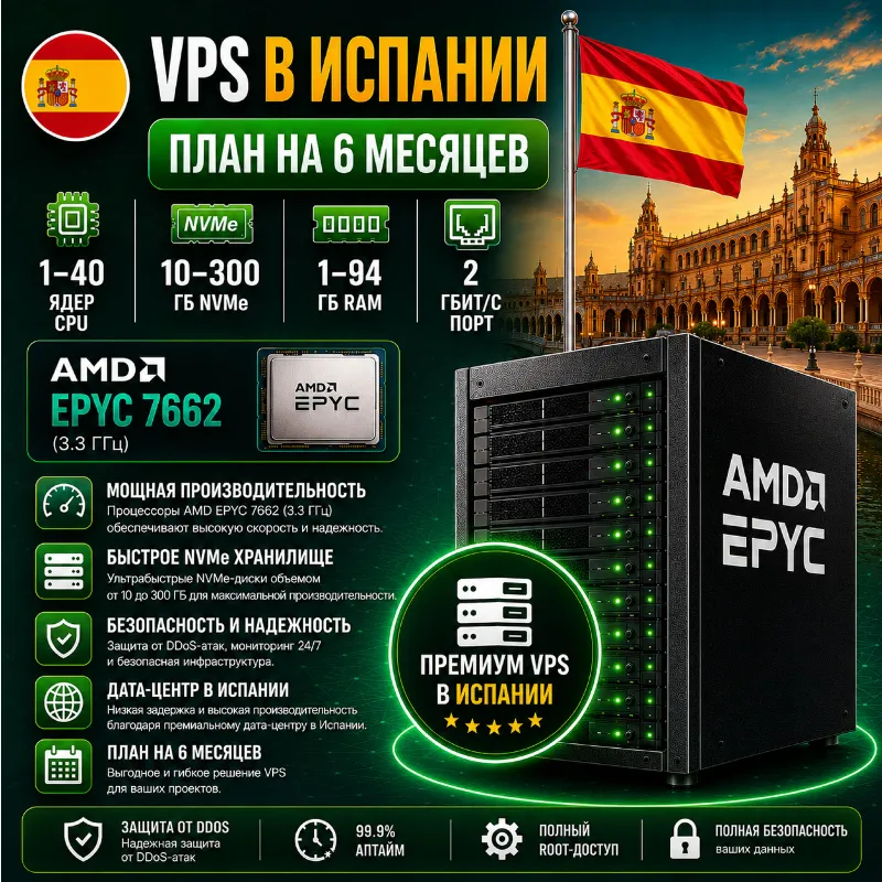 Испания VPS - 6 Месяцев | AMD EPYC 7662 | Быстрый NVMe | Порт 2 Гбит/с