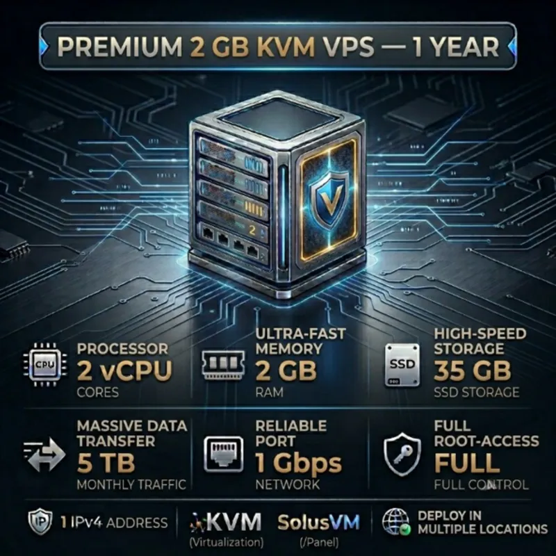 2 GB KVM VPS - 1 Год | 2 vCPU | 35 GB SSD | 2 GB RAM | 1Gbps