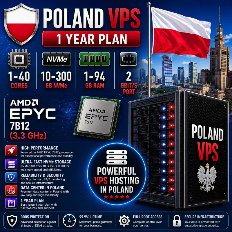 Польша VPS - 1 Год | AMD EPYC 7B12 | Быстрый NVMe | Порт 2 Гбит/с