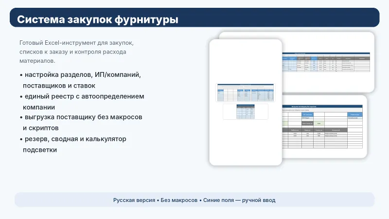 Система закупок фурнитуры в Excel — реестр, выгрузка поставщику, резерв, сводная