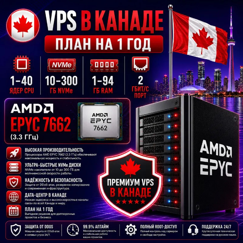 Канада VPS - 1 Год | AMD EPYC 7662 | Быстрый NVMe | Порт 2 Гбит/с