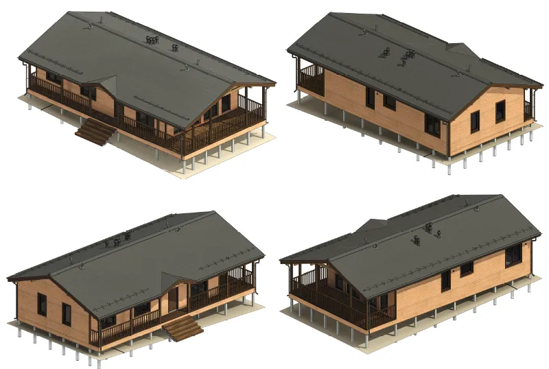 FH‑7: проект дома 157 м² (каркас + сваи + терраса)