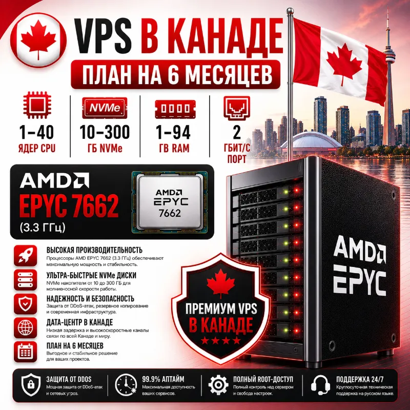 Канада VPS - 6 Месяцев | AMD EPYC 7662 | Быстрый NVMe | Порт 2 Гбит/с