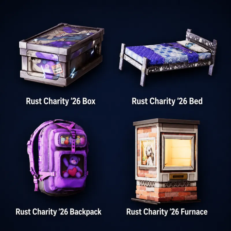 Rust 4/4 Rust Charity ’26 Box, кровать ’26, рюкзак ’26, печь ’26 | Twitch Drop