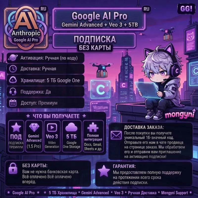 [ХИТ] GOOGLE AI PRO l 24/7 АВТО l GEMINI ADVANCED + VEO 3 + 5ТБ