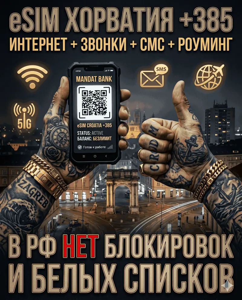 Хорватская eSIM для России (eSIM Хорватии). Полноценный номер +385. Смс, звонки