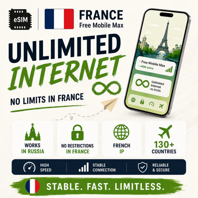 eSIM Франция Free Mobile Max • Безлимитный интернет Работает в РФ и 130+ странах
