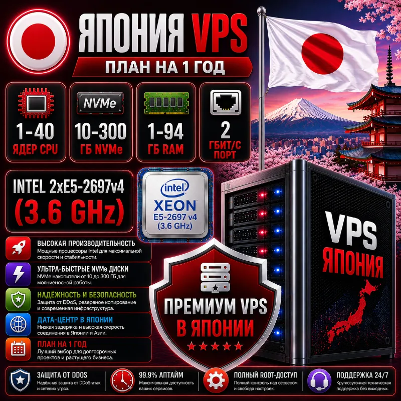 Япония VPS - 1 Год | Intel 2xE5-2697Av4 | Быстрый NVMe | Порт 2 Гбит/с