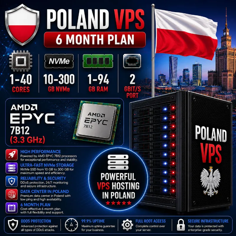 Польша VPS - 6 Месяцев | AMD EPYC 7B12 | Быстрый NVMe | Порт 2 Гбит/с